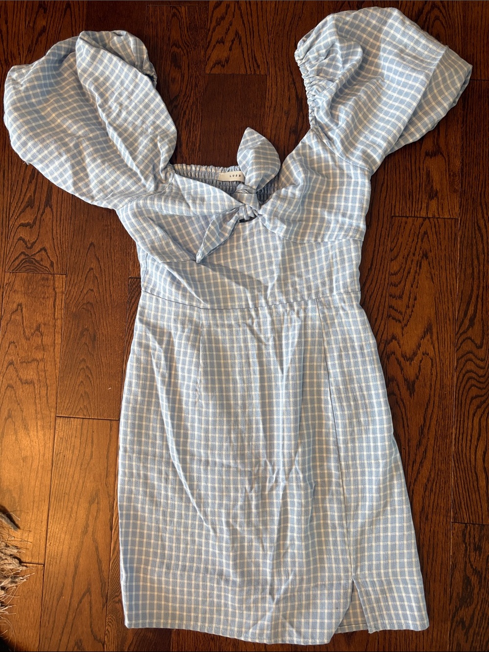 Lush Light Blue Checked Puff-Sleeve Tie-Front Mini Dress